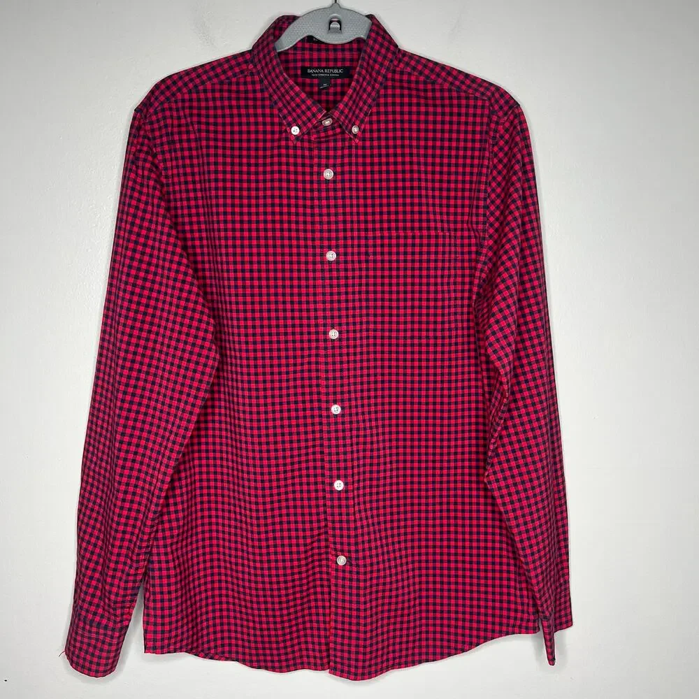 Banana Republic Slim Flex Fit Button Down Tech Stretch Cotton Mens M Check Plaid